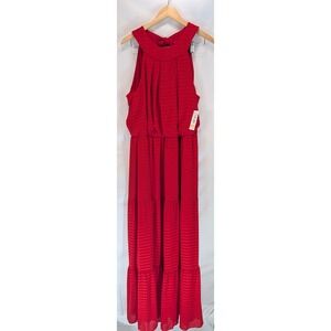 R&M Richards Scarlet Red Halter Maxi Dress Tiered Ruffle Bow Back 14W